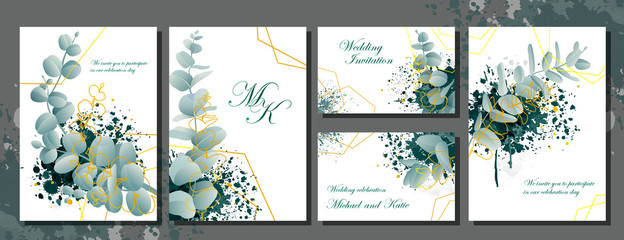Wedding invitation stationery set with flowers and ornamental green leaves with decorative text over white, vector illustration