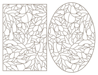 Set of outline illustrations of stained glass Windows with leaves of maple trees, dark outlines on light background