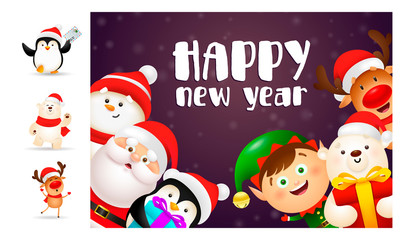 Fototapeta na wymiar Happy New Year banner with cute cartoon characters. Lettering with decorations can be used for invitation and greeting card. Holiday concept