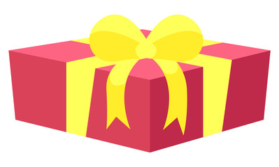 Gift box with ribbon and bow in yellow color. Greeting card with traditional festive container. Holiday postcard with present cardboard object on white. Festive logo or square surprise symbol vector
