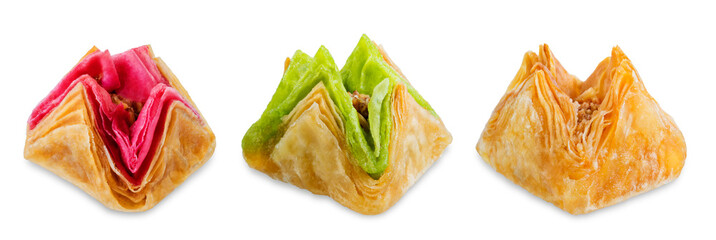 Multicolored baklava, Oriental sweetness on a white isolated background