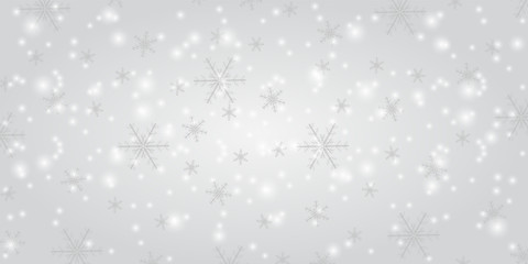 Snowfall on a white background. Winter snowflakes trendy vector background. Shining snow with christmas backdrop. Card or banner with flakes confetti scatter. Freezing cold symbols.