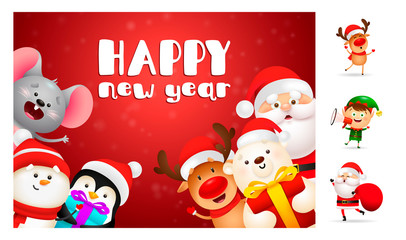 Fototapeta premium Happy New Year red postcard. Lettering with decorations can be used for invitation and greeting card. Holiday concept