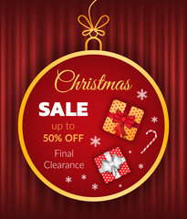 Obraz na płótnie Canvas Christmas sale promotional poster vector. 50 percents discounts on products. Final clearance on market. Special deal in shop on winter holidays. Bauble with presents on red curtain background