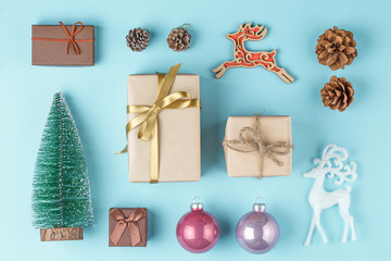 Toys gifts Christmas on  blue background.