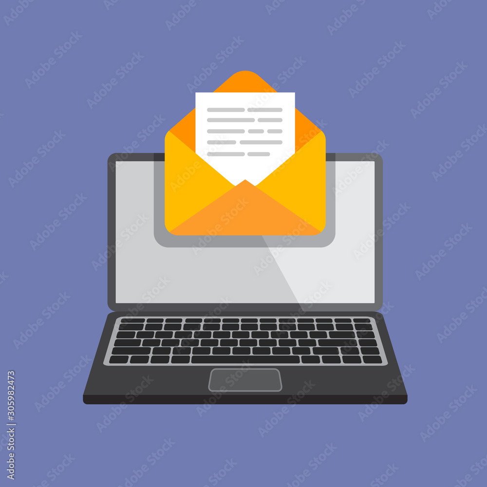 Poster flat design of laptop with envelope and document on screen. getting or send new letter. e-mail, emai
