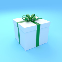 3D illustration white gift box with a green ribbon isolated on blue background.
