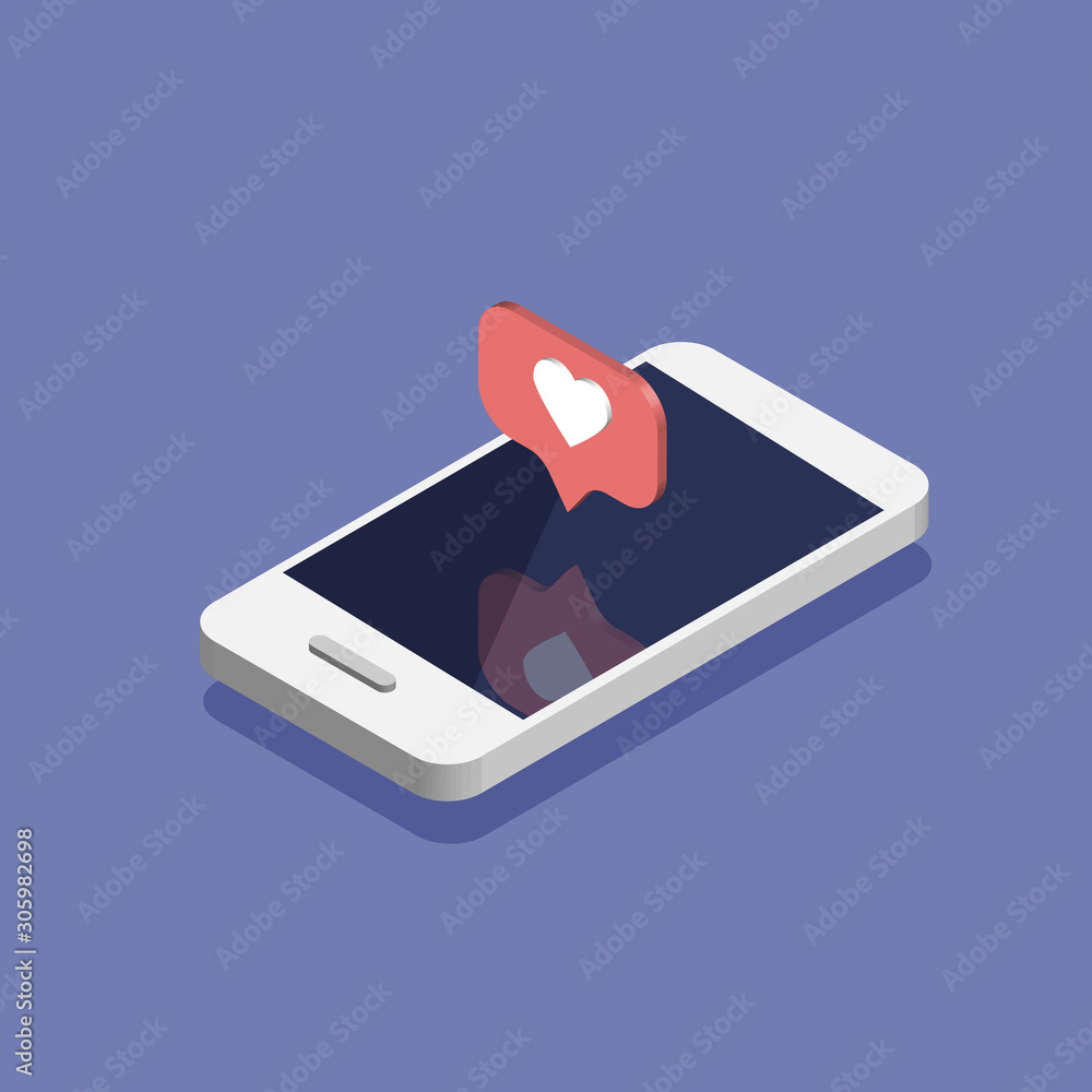Poster smartphone with social media notifications icon in trendy isometric style. push notification with li
