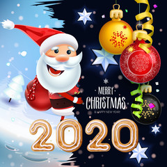 2020 New year & Merry Christmas symbol. Santa Claus on a winter background with gifts, Christmas toys, stars, candy, sweets and snowflake.Decoration of poster card holiday background. Winter greeting