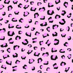 Leopard skin, furry pattern design. Vector seamless illustration. Wild animal background imitation. Cat cheetah texture. Modern animal fur fashion backdrop. Fashionable print for textiles. Pink colors