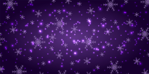 Snowfall on a violet background. Winter snowflakes trendy vector background. Shining snow New Year backdrop. Card or banner with flakes scatter. Freezing cold symbols. Vector illustration.