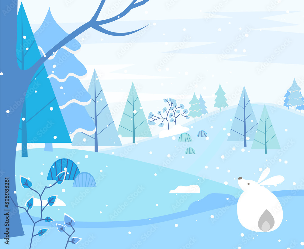 Wall mural bunny sitting in winter forest. cute fluffy hare in woods at snowfall. pine trees and bushes, wintry