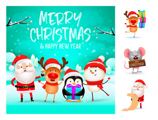 Merry Christmas and happy New Year festive card. Lettering with decorations can be used for invitation and greeting card. Holiday concept