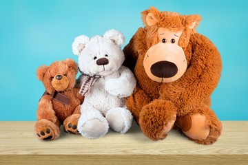Toys collection on blue pastrel background