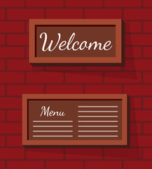 Welcome sign and menu chalkboard in wooden frame hanging on brick wall. Room to add text. Food and drink, template for cafe and restaurant vector illustration
