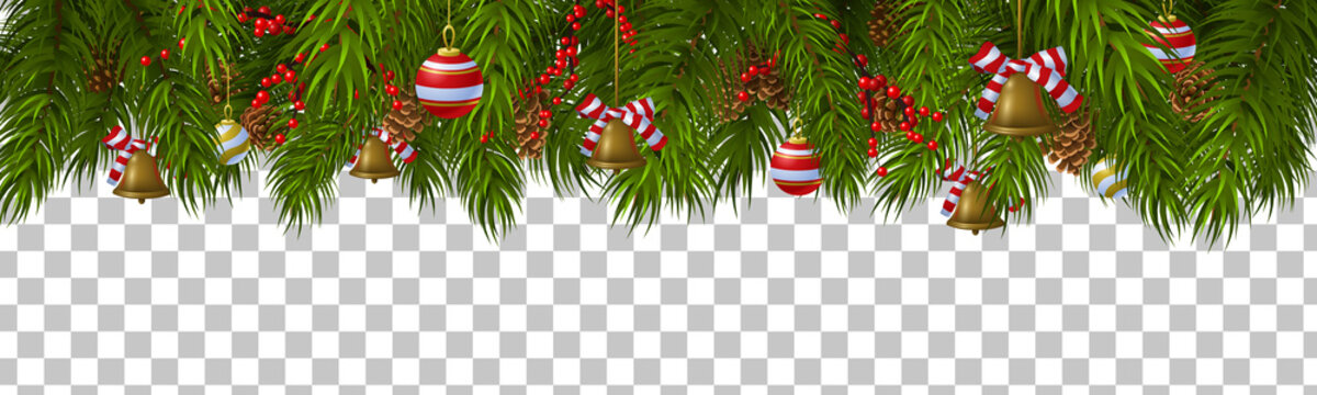Christmas border template with fir branches, pine cones, decorations and bells. Isolated vector illustration