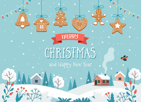 Christmas Greeting Card With Cute Landscape And Hanging Gingerbread Cookies. Cute Vector Illustration In Flat Style