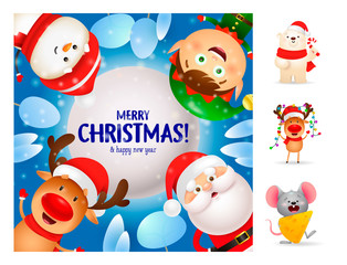 Merry Christmas bright postcard with cute cartoon characters. Lettering with decorations can be used for invitation and greeting card. Holiday concept