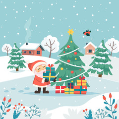 Santa with christmas gifts. Merry christmas greeting card. Cute vector illustration in flat style