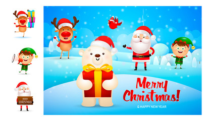 Merry Christmas card with cute bear holding gift. Lettering with decorations can be used for invitation and greeting card. Holiday concept