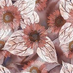 Fotobehang Sunflower Seamless Pattern on Watercolor Background © Marina Grau