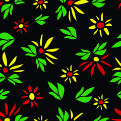 Beautiful floral seamless vector pattern. Abstract flowers and leaves on black background. Simple design for fabric, wallpaper, fashion decoration. Green, yellow, red.