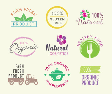 Vector healthy food and organic products promotion labels