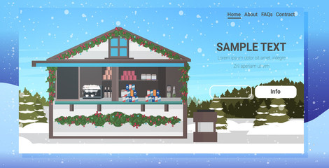 christmas market or holiday outdoor fair merry xmas new year winter holidays celebration concept landscape snowfall background horizontal copy space vector illustration