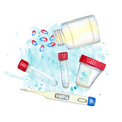 Watercolor flat lay medical illustration of disease diagnostics