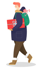 Male character wearing warm clothes and carrying presents in box. Isolated personage with gift decorated with ribbon and wrapping paper. Traditional xmas candy behind back of boy. Vector in flat