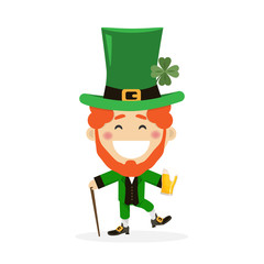 Saint Patricks day with boy in traditional dress and headgear. Ireland celebration festival irish and lucky theme. Vector illustration