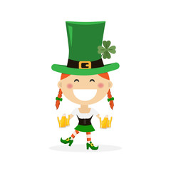 Saint Patricks day with girl in traditional dress and headgear. Ireland celebration festival irish and lucky theme. Vector illustration