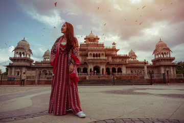 Woman posing at Albert hall in Rajasthan, Jaipur, India