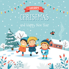 Fototapeta premium Merry christmas greeting card with children playing with snow and text. Cute vector illustration in flat style