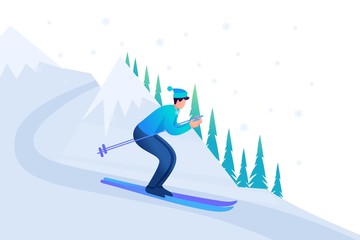 Young man skiing in Christmas vacation, winter fun. Flat 2D character. Concept for web design
