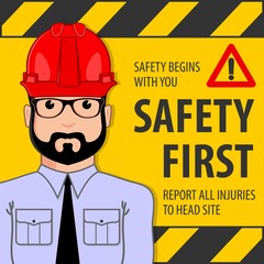 Safety First sign. Engineer or Businessman with hard hat isolated on white background. Flat style vector illustration