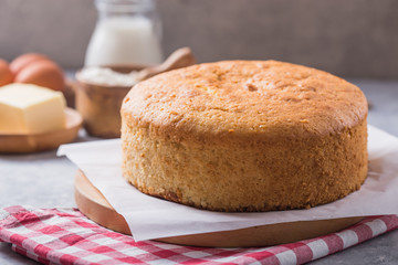 Homemade  Soft and lite delicious sponge cake with ingredients: eggs flour milk on stone concrete table. Bakery background concept.