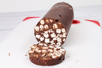 Cut open chocolate marshmallow Christmas log