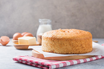 Homemade  Soft and lite delicious sponge cake with ingredients: eggs flour milk on stone concrete table. Bakery background concept.