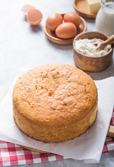 Homemade  Soft and lite delicious sponge cake with ingredients: eggs flour milk on stone concrete table. Bakery background concept.