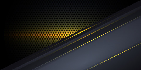 Carbon fiber dark gray background with yellow luminous lines and highlights. Modern futuristic luxury technology background. Vector illustration EPS10.