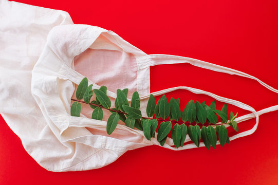 Cotton white glocery bag flat lay. Organic, zero weste lifestyle concept.