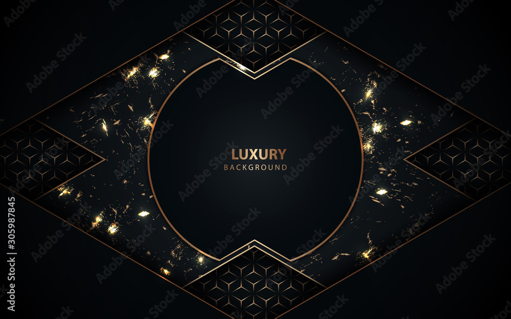 Poster abstract dark overlapping layers background a combination with golden texture line decoration. luxur