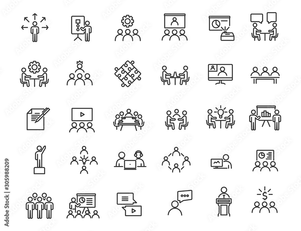 Poster set of linear business training icons. workshop icons in simple design. vector illustration