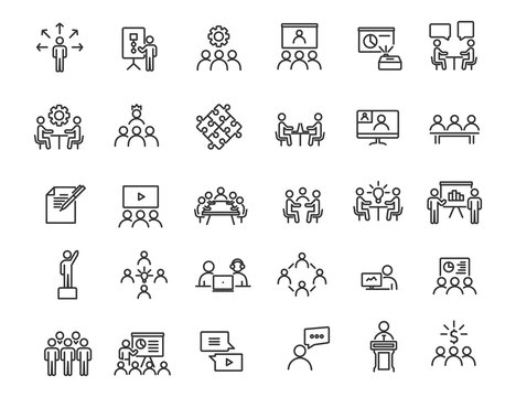 Set of linear business training icons. Workshop icons in simple design. Vector illustration