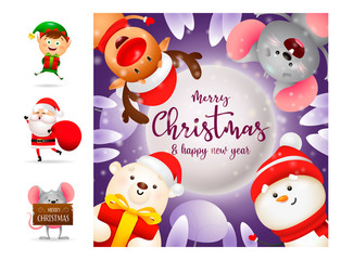 Merry Christmas poster with cartoon characters. Lettering with decorations can be used for invitation and greeting card. Holiday concept