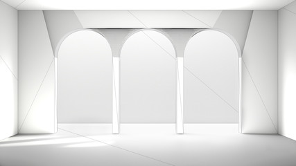 Unfinished project draft of classic metaphysics interior design, empty space with ceramic floor, archway with stucco walls, plaster, unusual architecture, arch project idea copy space