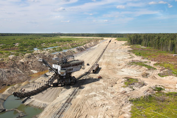 Top view at mine, railway, mining machinery