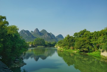 Fototapeta na wymiar The view of karst landscape in the village of Lijiang in Guilin, China.