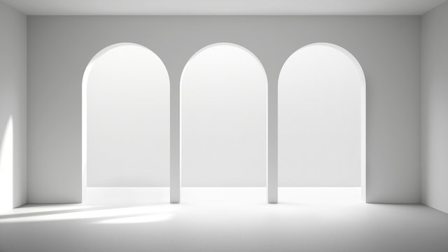 Total white project draft, classic metaphysics interior design, empty space with ceramic floor, archway with stucco walls, plaster, unusual architecture, arch project idea, copy space